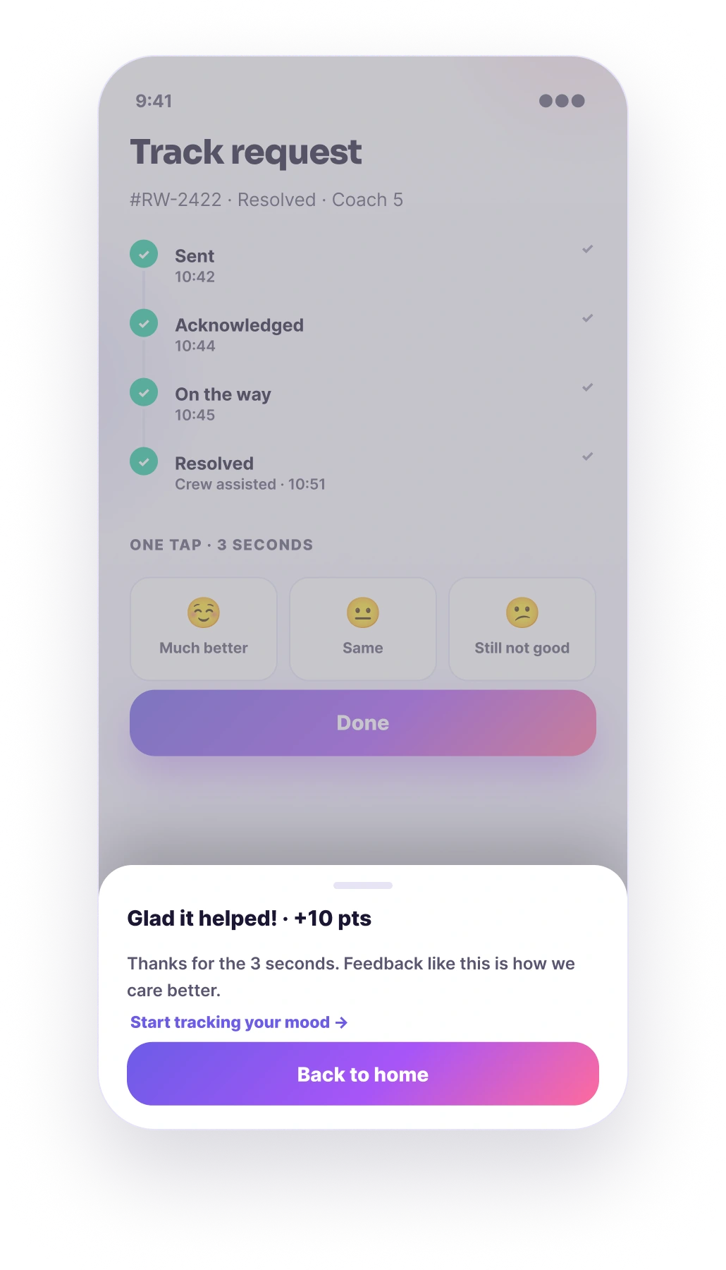 RailWell track request screen — request timeline from sent to resolved in four minutes with confirmation sheet