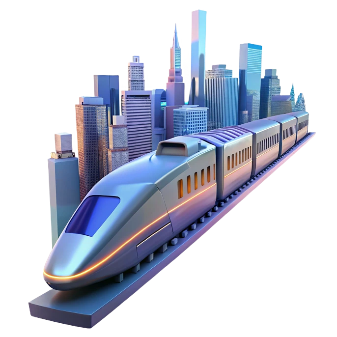 3D render of a high-speed train crossing a stylised cityscape — RailWell concept