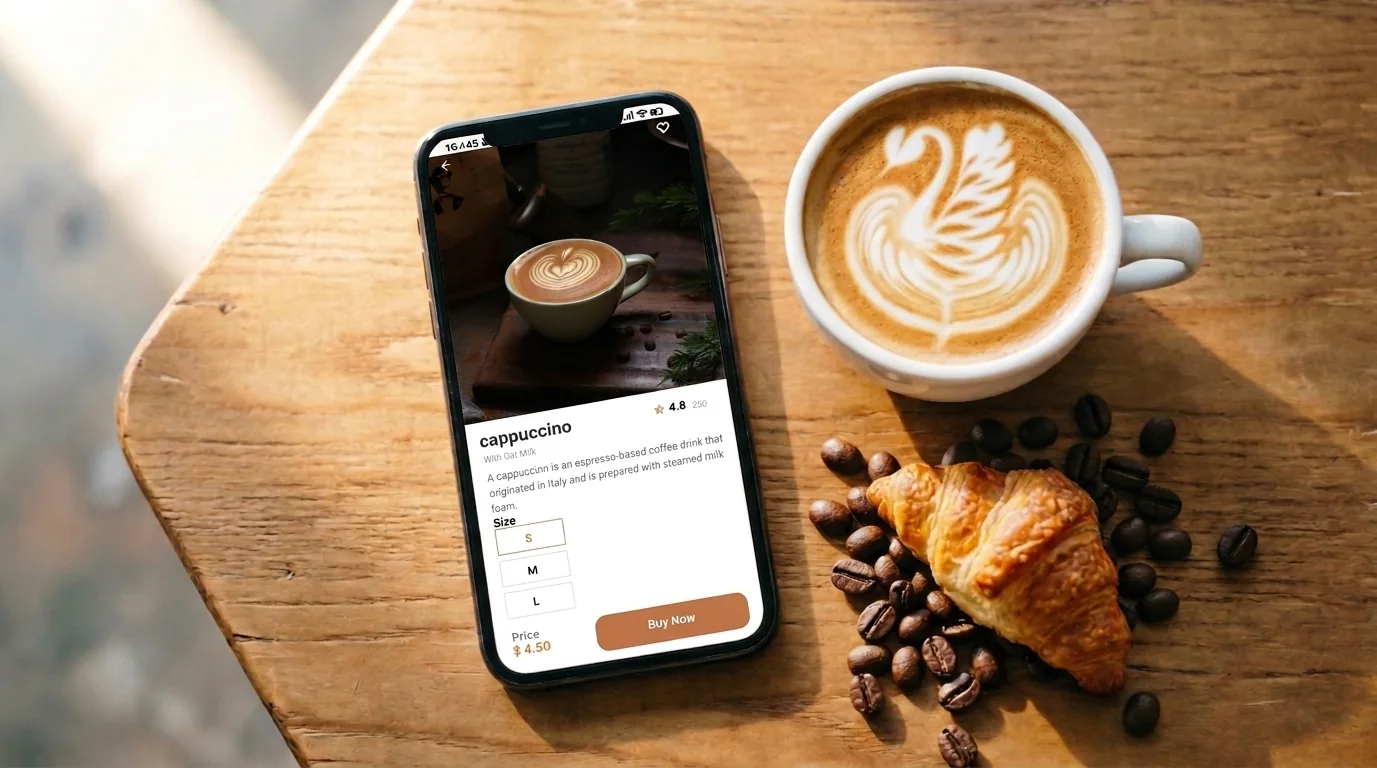 BeanScene Premium Coffee Pre-order App — mobile phone with latte art